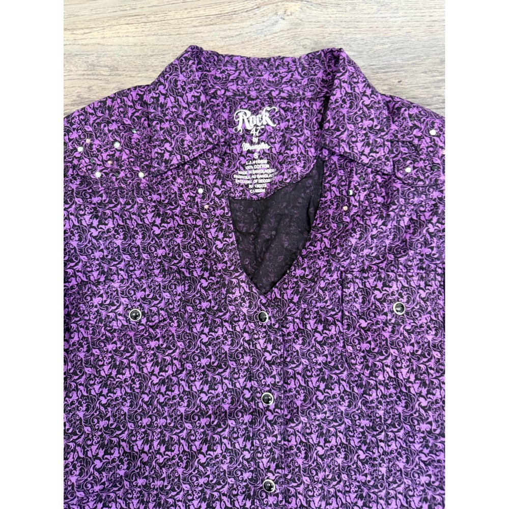 Rock 47 by Wrangler Womens Purple Filigree Western Snap Shirt Rhinestone Small - Picture 2 of 8
